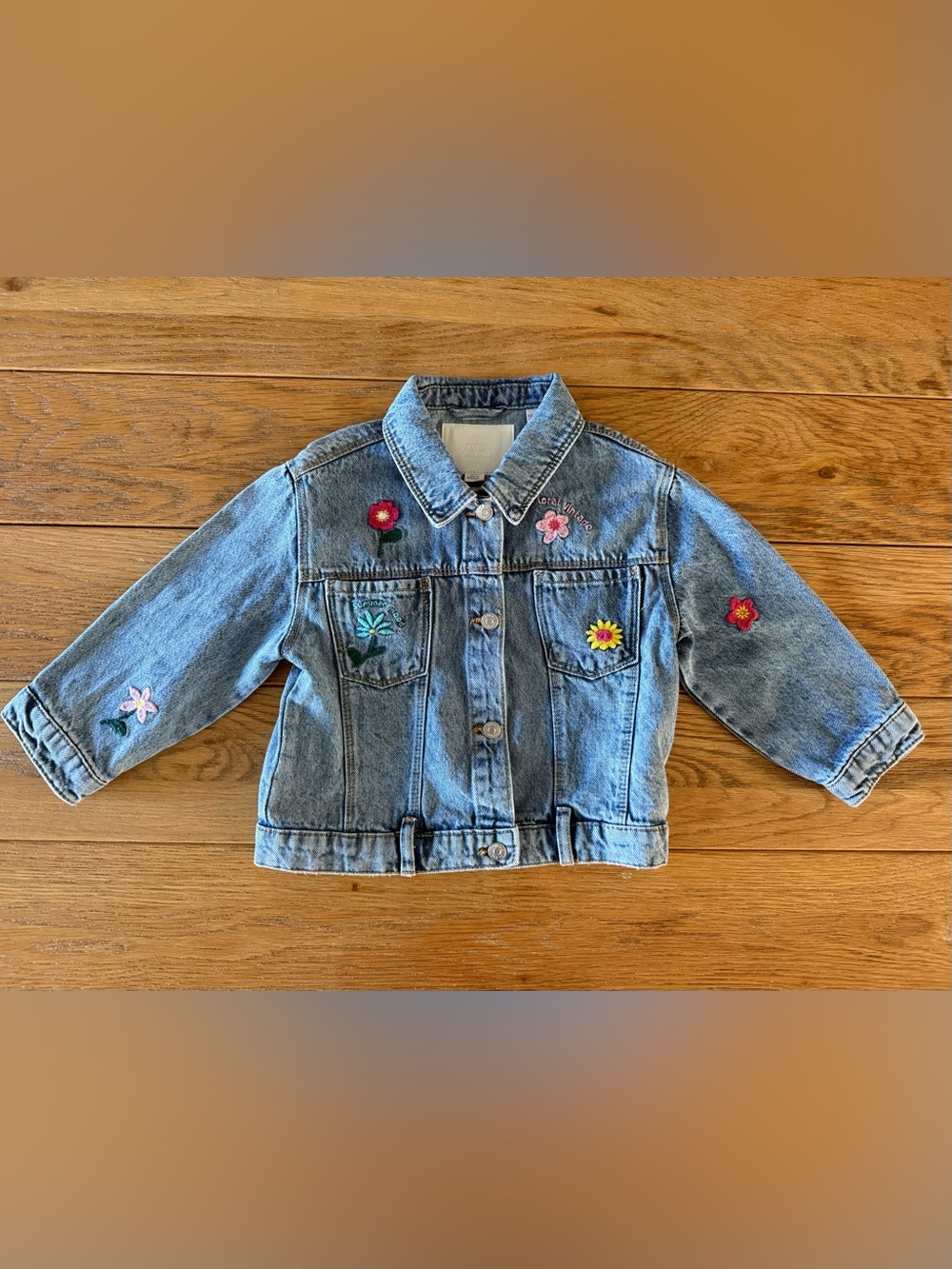 Zara Light Blue Denim Jacket with Colorful Floral Patches